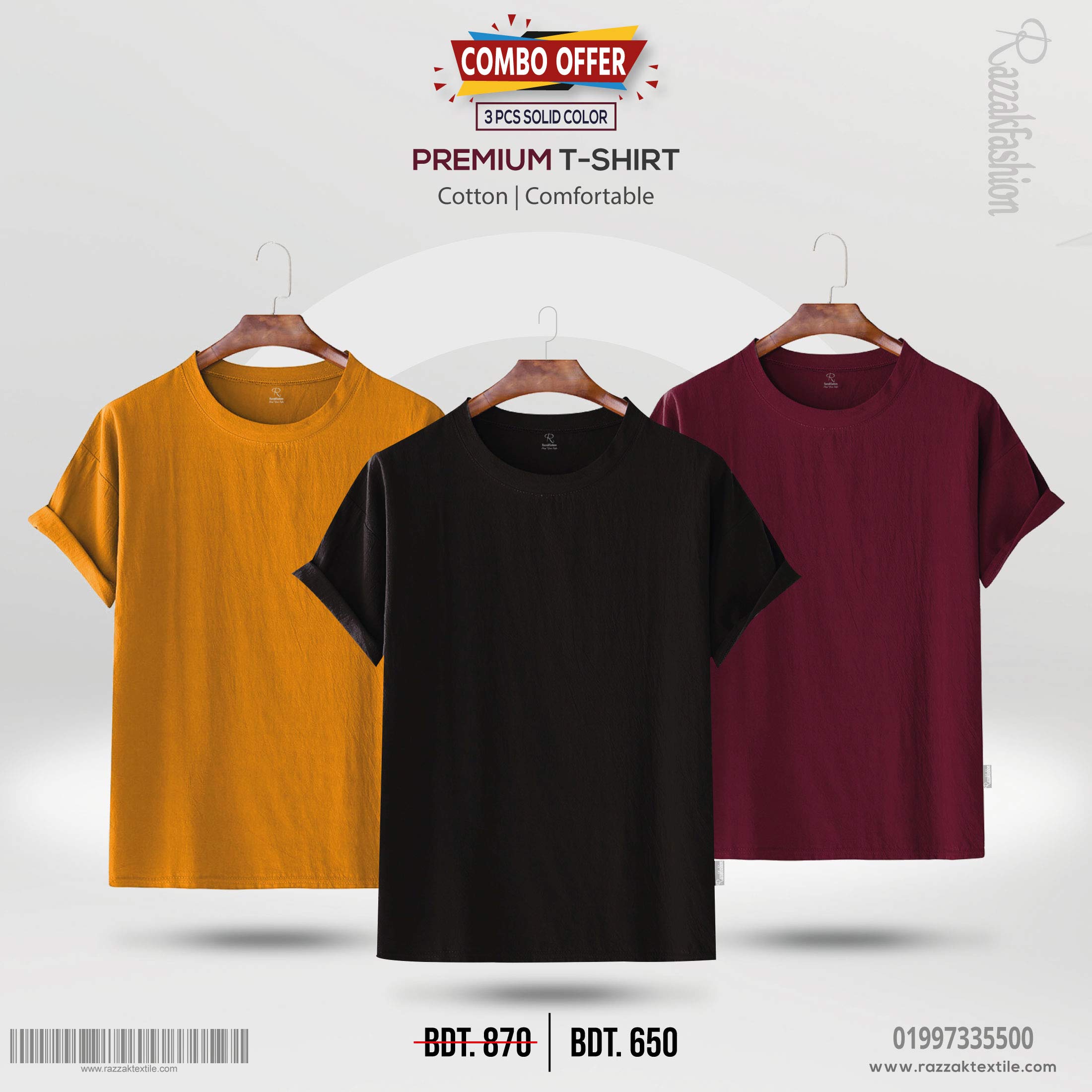 3 PCS Combo Premium Quality Solid T Shirt Razzak Textile