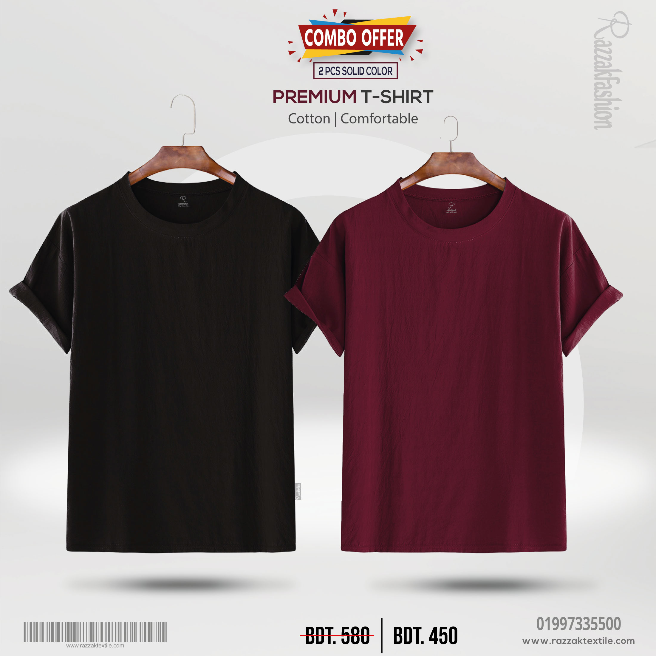 2 PCS Combo Premium Quality Solid T Shirt Razzak Textile